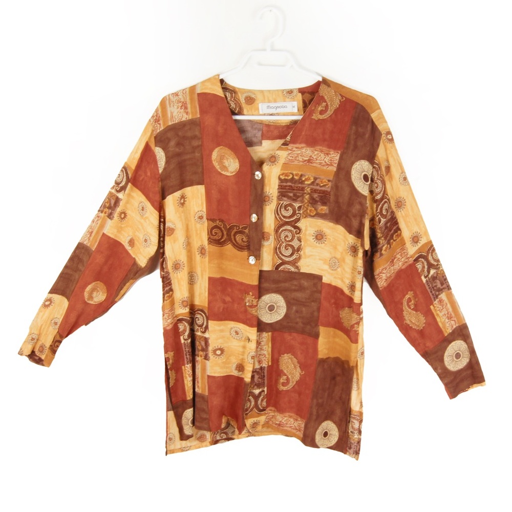 Vintage 90s 2000s Boho Patchwork Cottagecore Long Sleeve Blouse Top